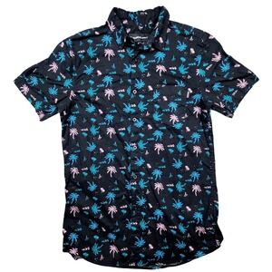 Molokai Surf Co Mens Medium Black Pink Teal Tropical Palm Tree Button Down Shirt